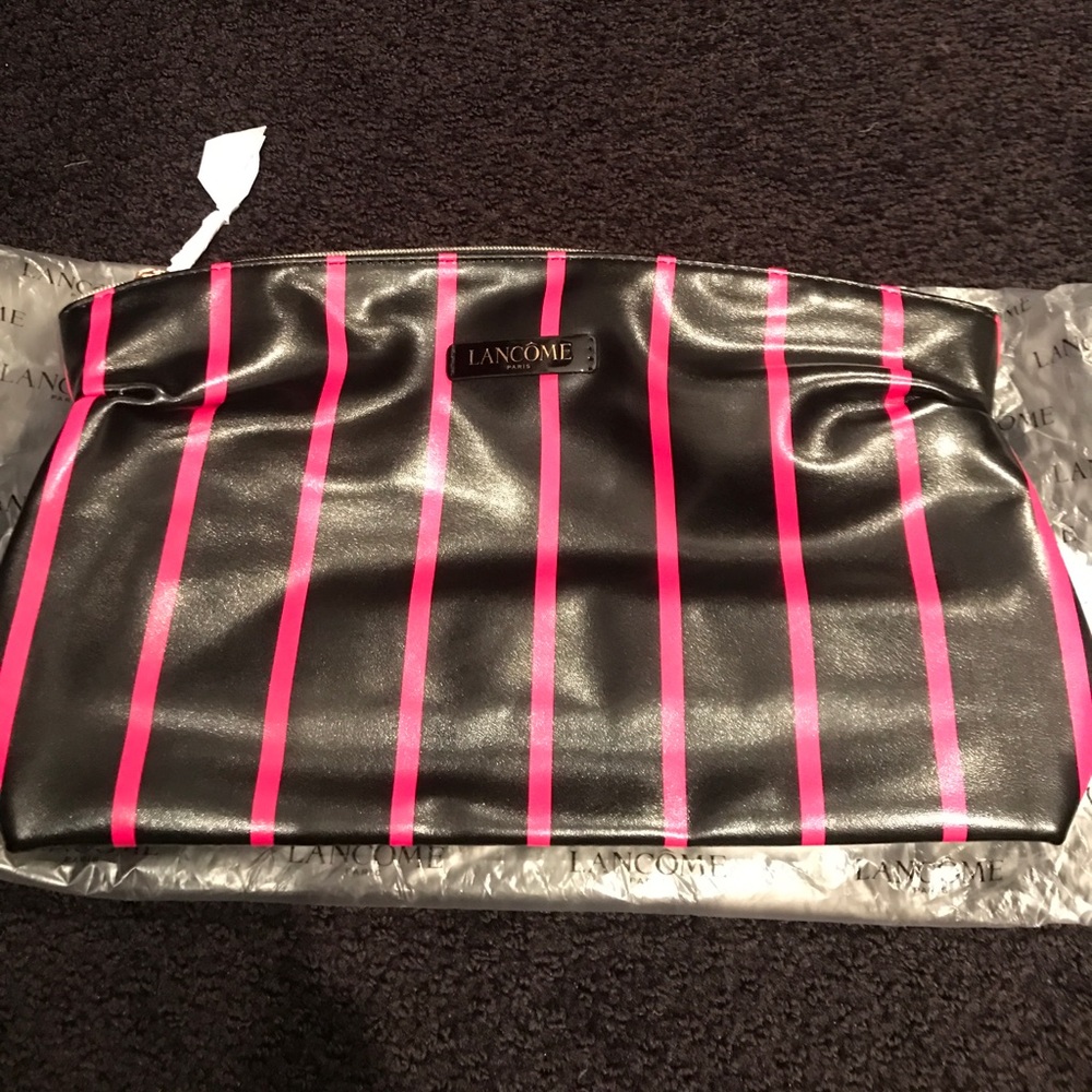 Lancôme Black Large Patent with Pink Stripes Cosmetic Bag